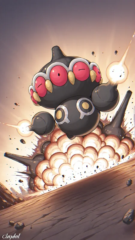 claydol,pokemon \(creature\),1other,red eyes,<lora:Claydol_-_Pokemon_r1:1>,bomb,explosion,explosive,outdoors,