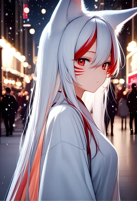 <lora:noobai_ep11_stabilizer_v0.178_fp16:1>1girl,fox ears,red eyes,white hair,red hair,hair between eyes,closed mouth,multicolored hair,red whisker markings,upper body,from side,snowing,bokeh,night,street,people,masterpiece,