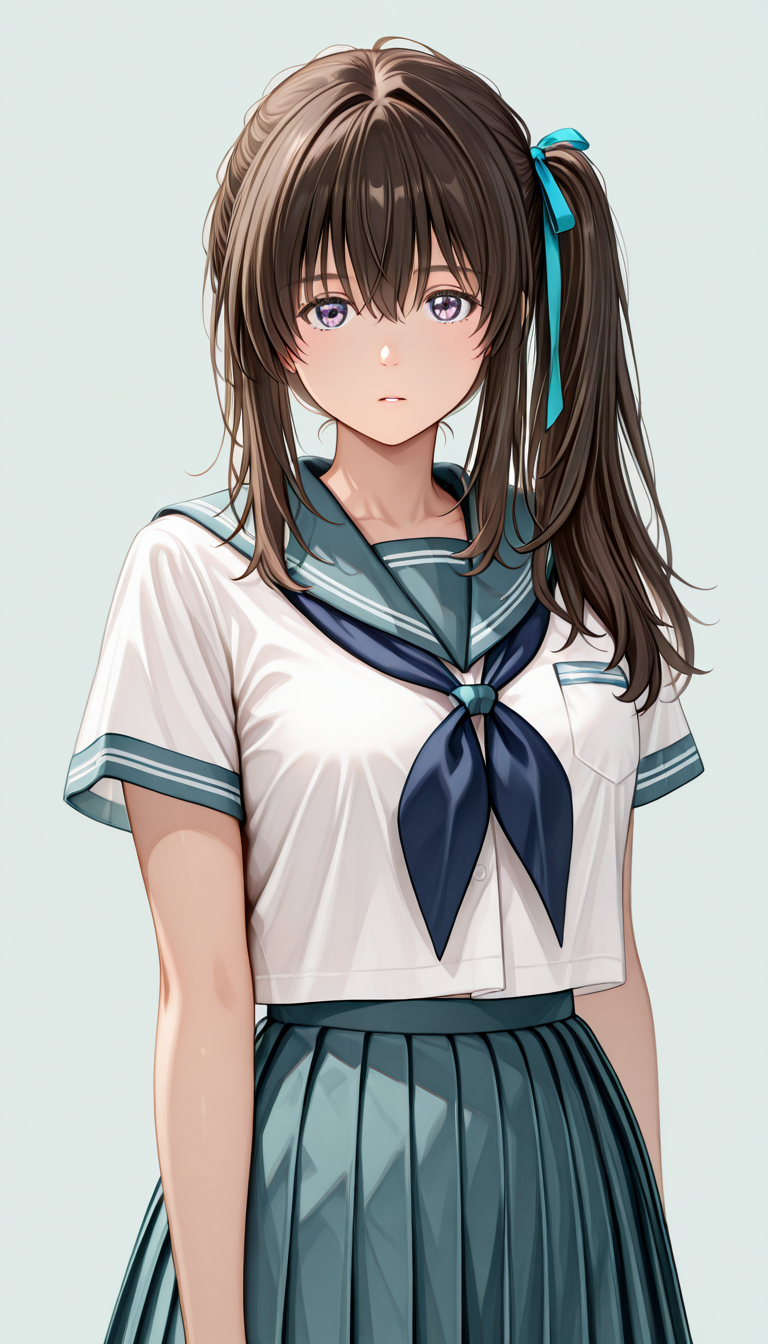 lazypos, good quality, high quality, highest quality, extremely high quality, incredibly absurdres, superabsurd res, 4k, 8k, incredibly high quality, absurdly high quality, unbelievably high quality, ultra high quality
newest, (detailed eyes:1.4), ((ultra detailed hair:1.4)),
BREAK
1girl, ((solo)),katase_h1na_make_happy,Blue ribbon,   <lora:Katase_Hina-Make_Hina_happy:1>
(serafuku), white blouse, ((light blue pleated skirt:1.3)), dark blue neckerchief, Light blue short sleeves, dark blue line
BREAK
blank background, cowboy shot,
narrowed eyes, (upturned eyes), blank stare, staring, ((looking at viewer)),sad, parted lips
expressionless,((upper body)) ,