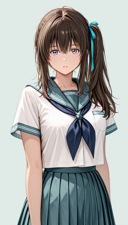 lazypos, good quality, high quality, highest quality, extremely high quality, incredibly absurdres, superabsurd res, 4k, 8k, incredibly high quality, absurdly high quality, unbelievably high quality, ultra high quality
newest, (detailed eyes:1.4), ((ultra detailed hair:1.4)),
BREAK
1girl, ((solo)),katase_h1na_make_happy,Blue ribbon, <lora:Katase_Hina-Make_Hina_happy:1>
(serafuku), white blouse, ((light blue pleated skirt:1.3)), dark blue neckerchief, Light blue short sleeves, dark blue line
BREAK
blank background, cowboy shot,
narrowed eyes, (upturned eyes), blank stare, staring, ((looking at viewer)),sad, parted lips
expressionless,((upper body)) ,