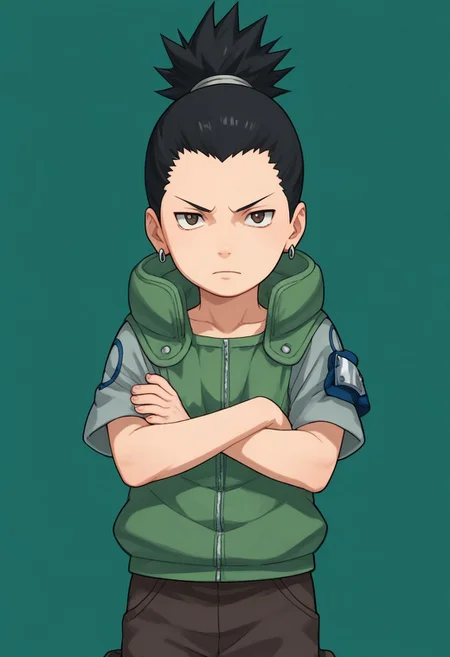 score_9, score_8_up, score_7_up, highly detailed, cute boy, 1boy, solo, young, Shikamaru_Nara, Brown Eyes, Black Hair, Ponytail, Earrings, Flak Jacket, Armband, Brown Pants, Arms crossed,