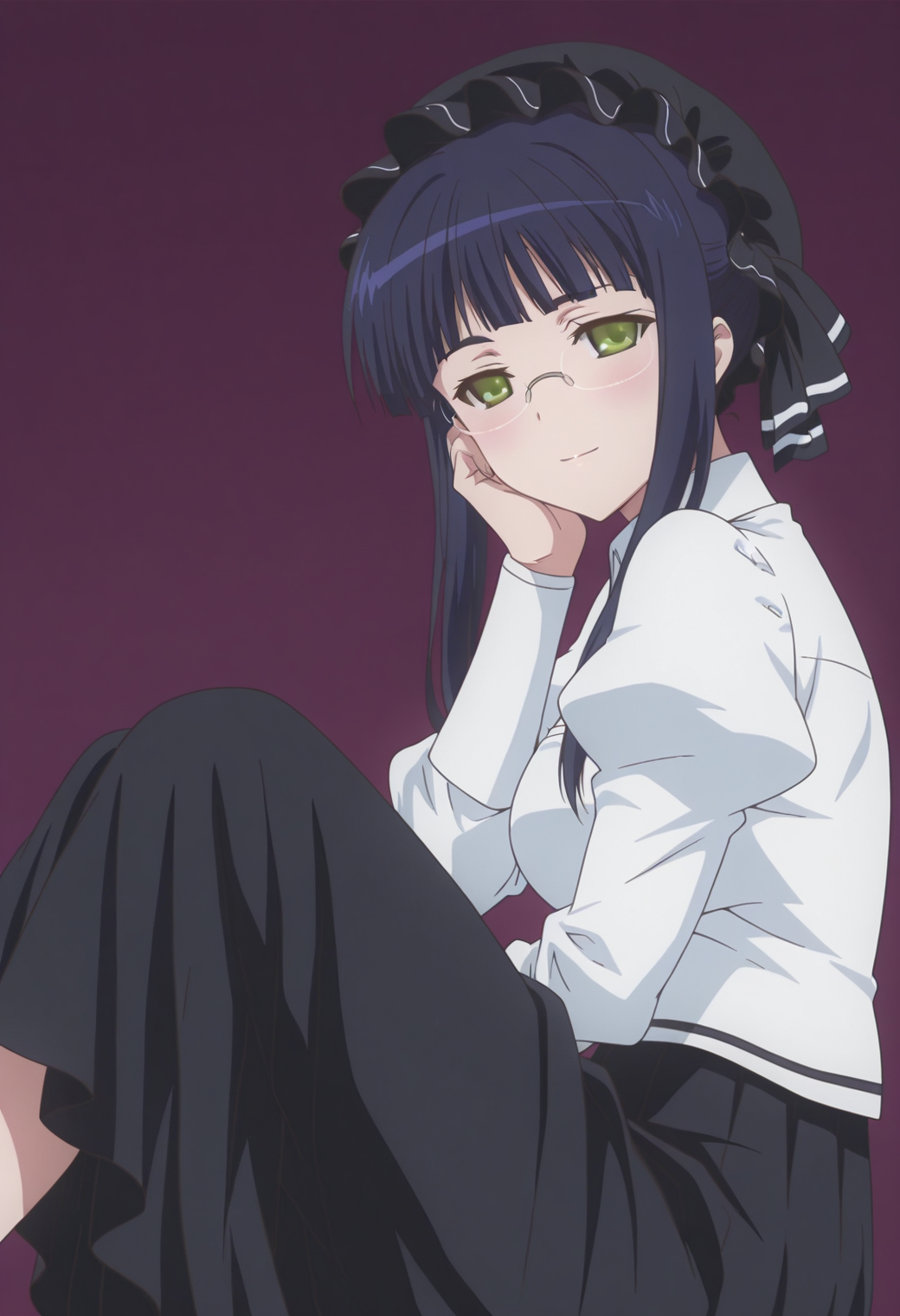anime screencap, anime coloring,  <lora:DX888Mikan:1> mikan, green eyes, black hair, sidelocks BREAK simple background, purple  background,  BREAK  mob cap, glasses, white shirt, puffy sleeves, black skirt, long skirt, BREAK    1girl, breasts, closed mouth,  hand on own cheek, hand on own face, knees together feet apart, legs up, light smile,  looking at viewer, sitting, from side,
