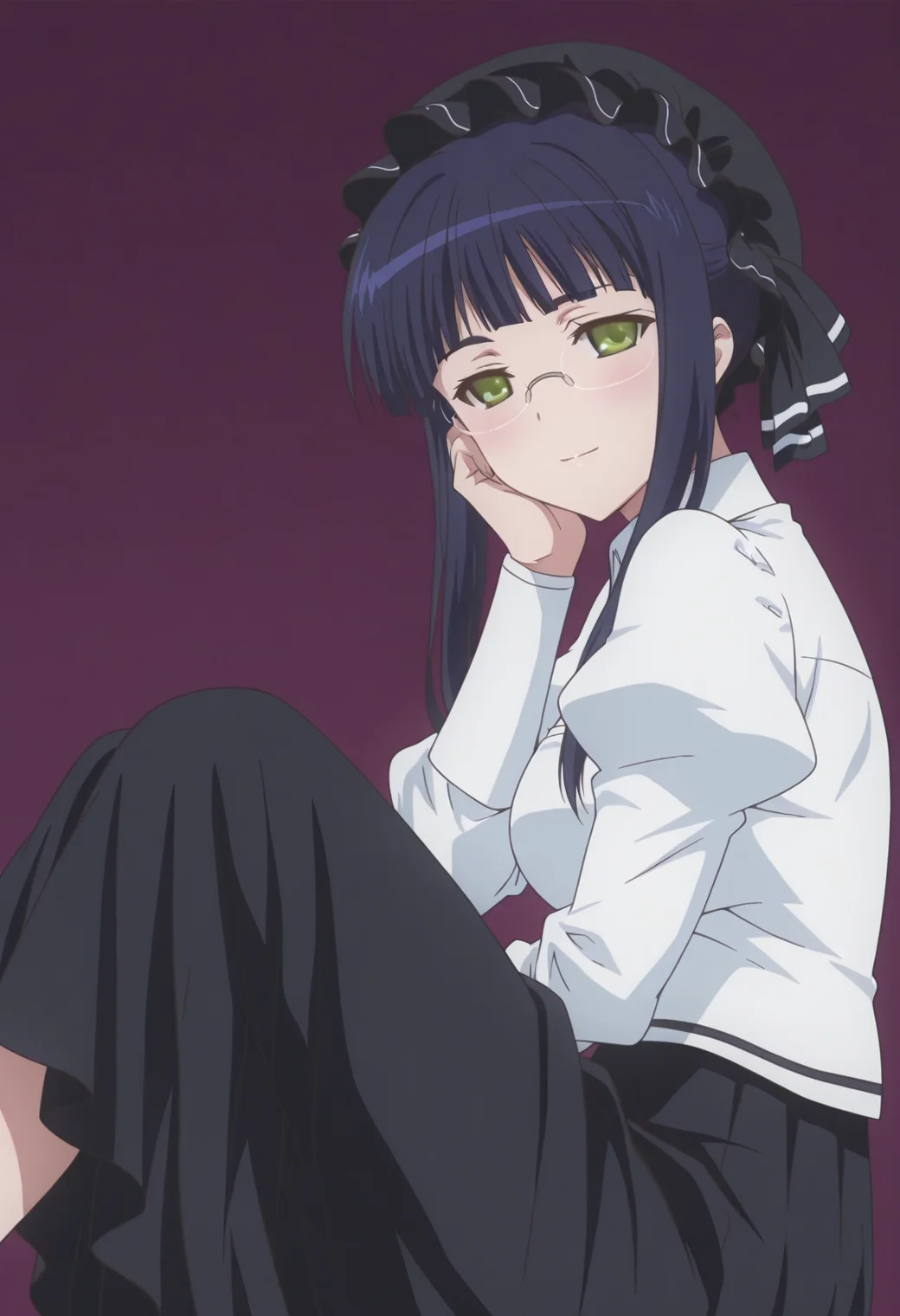 anime screencap, anime coloring, <lora:DX888Mikan:1> mikan, green eyes, black hair, sidelocks BREAK simple background, purple background, BREAK mob cap, glasses, white shirt, puffy sleeves, black skirt, long skirt, BREAK 1girl, breasts, closed mouth, hand on own cheek, hand on own face, knees together feet apart, legs up, light smile, looking at viewer, sitting, from side,