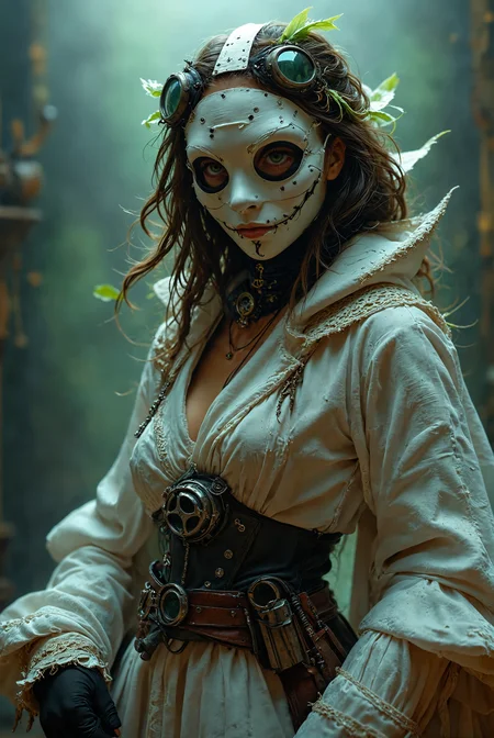 steampunk. low angle shot. intense photo. portrait of A female plague doctor in traditional attire looks directly into the camera. goggles. She wears an ornate immaculate white robe, and her iconic (long beaked mask:1.9) is also entirely white, its curved form adding a ghostly elegance to her presence. studio lighting, glowing green poison cloud in background.
deep depth of field, photography, Natural geographic photo, Hyper-realistic, 16k resolution, (masterpiece, award winning artwork), many details, extreme detailed, full of details, Wide range of colors, high Dynamic,
<lora:add-detail-xl:2> <lora:MJ52:0.5> <lora:Flux-style-xl-lora:0.7> flux-style <lora:EpicF4nta5yXL:0.6>