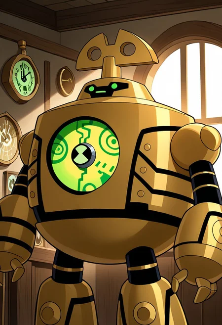 masterpiece, best quality, amazing quality, very aesthetic, absurdres, newest,
clockwork, robot, solo, no humans, green eyes,
inside coocoo clock, wooden clock, clocks everywhere, golden dust, golden powers,