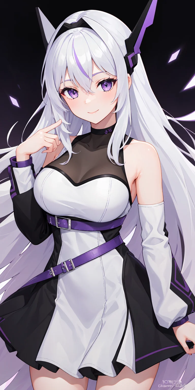 1girl, white hair, Meina, headgear, purple eyes, long hair, bare shoulders, black choker, detached sleeves, white dress, belt, short dress, white sleeves, smile, upper body, hexagon, glowing ,light rays, (manga cover:1.2), hand up, pointing, honeycomb \(pattern\), purple, <lora:Meina:0.6>