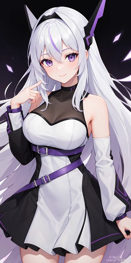 1girl, white hair, Meina, headgear, purple eyes, long hair, bare shoulders, black choker, detached sleeves, white dress, belt, short dress, white sleeves, smile, upper body, hexagon, glowing ,light rays, (manga cover:1.2), hand up, pointing, honeycomb \(pattern\), purple, <lora:Meina:0.6>