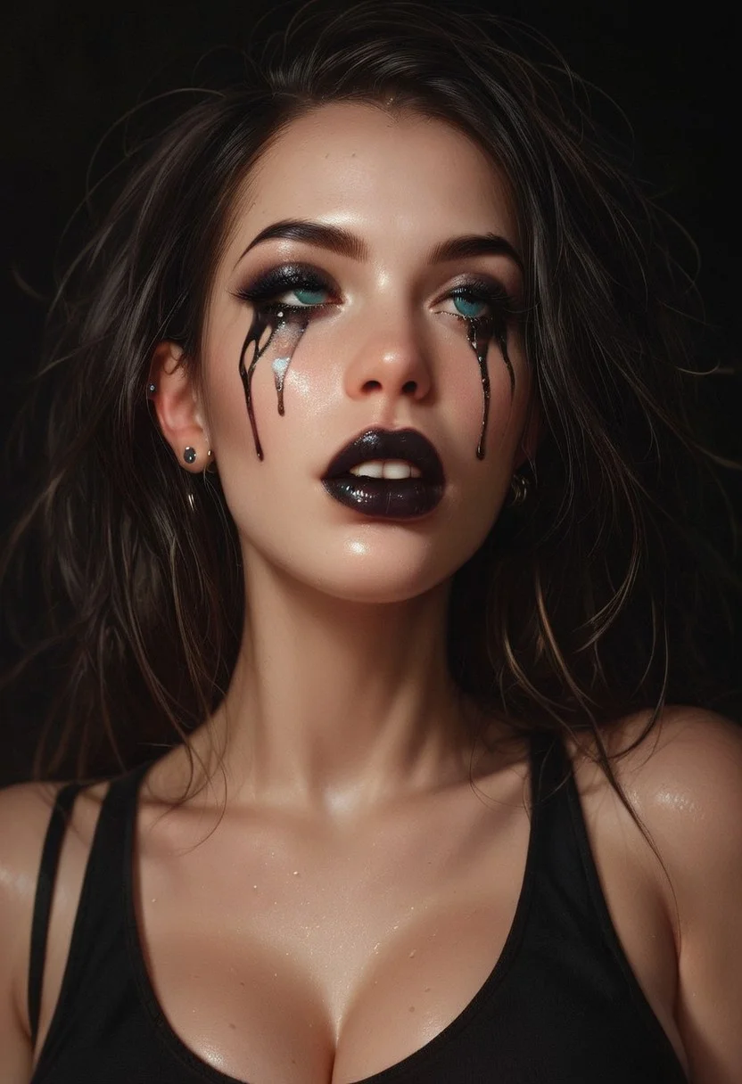 score_9, score_8_up, score_7_up, score_6_up, score_9, score_8_up, large breasts, cleavage, white messy hair, dark makeup, black lipstick, black eyeshadow, ear piercing, black tank top, ((TearsMakeUp)), dark background, soft light,