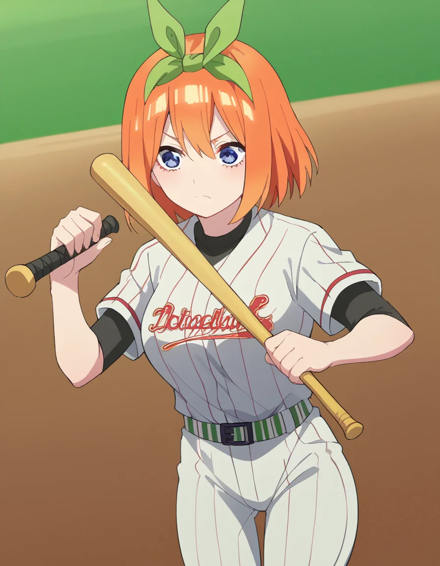 score_9, score_8_up, score_7_up, source_anime, <lora:yotsuba-nakano-s2-ponyxl-lora-nochekaiser:1>, yotsuba nakano, bangs, short hair, blue eyes, hair between eyes, hair ribbon, hairband, orange hair, green ribbon, large breasts,, <lora:baseball-uniform-ponyxl-lora-nochekaiser:1> baseball uniform, baseball, striped belt, shirt under shirt, sportswear, ribbed shirt, baseball helmet, baseball bat, baseball jersey, baseball field, holding baseball bat,, , cowboy shot,