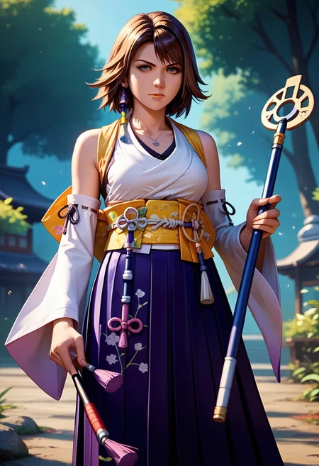 score_9,score_8_up,score_7_up,source_anime, yuna_(ff10),1girl,solo,skirt,holding,standing,half body,boots,detached sleeves,japanese clothes,staff,hakama,hakama skirt,wand,holding wand,purple hakama,