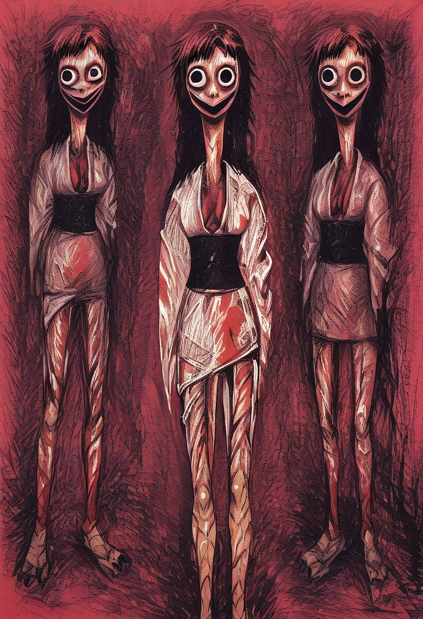 tomino, horror (theme), long hair, smile,  japanese clothes, kimono, blood, blood on clothes,  red theme, momocreepypasta, long hair, black hair, black eyes, wide eyed, wide smile, scuted arms, scuted legs, scutes, bird claws, talons