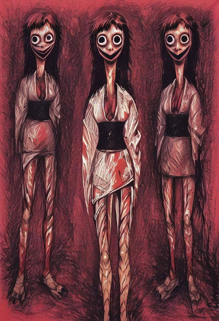 tomino, horror (theme), long hair, smile,  japanese clothes, kimono, blood, blood on clothes,  red theme, momocreepypasta, long hair, black hair, black eyes, wide eyed, wide smile, scuted arms, scuted legs, scutes, bird claws, talons