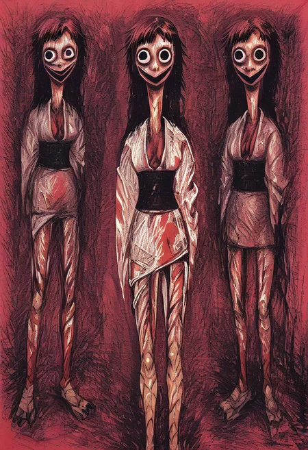 tomino, horror (theme), long hair, smile, japanese clothes, kimono, blood, blood on clothes, red theme, momocreepypasta, long hair, black hair, black eyes, wide eyed, wide smile, scuted arms, scuted legs, scutes, bird claws, talons
