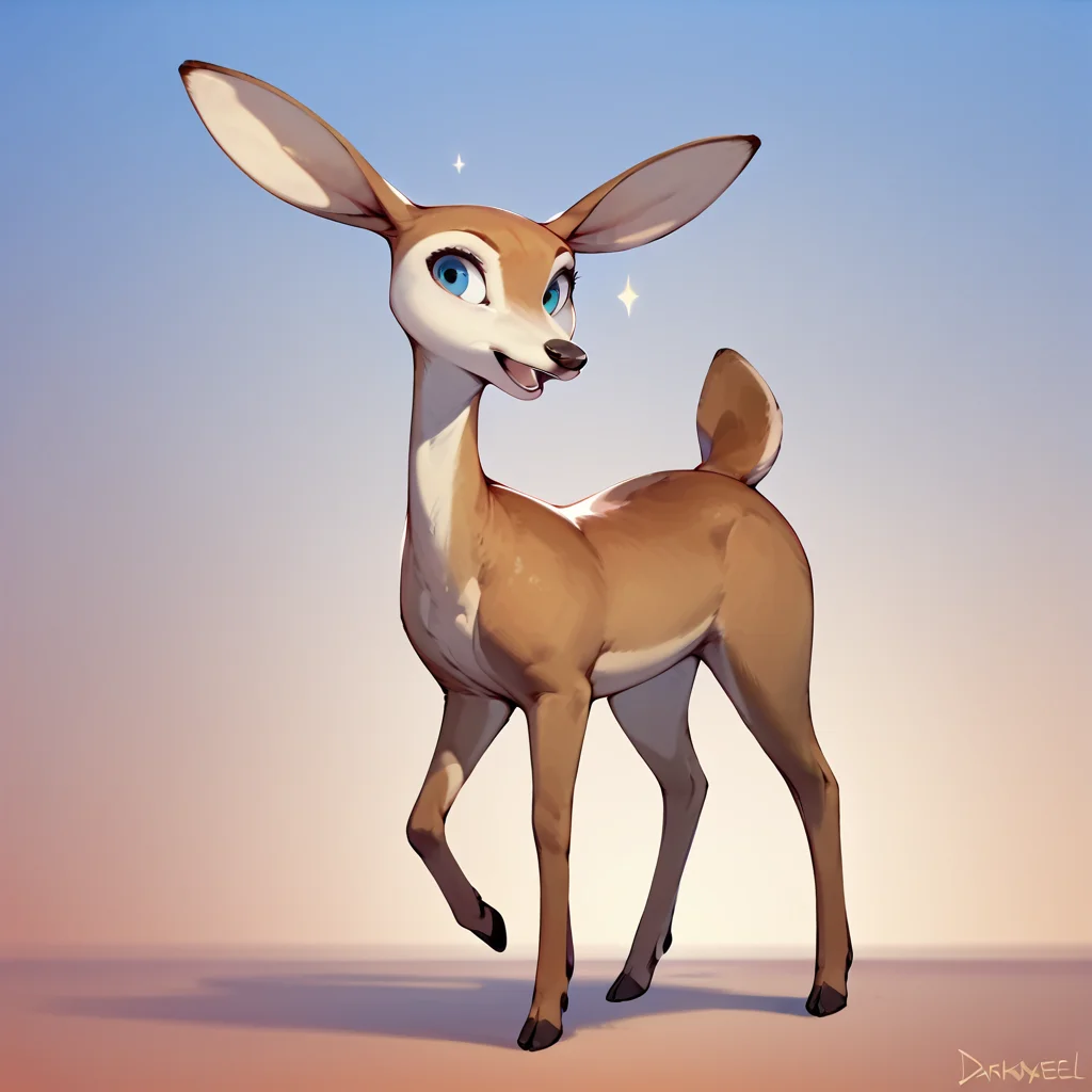 score_9_up, score_8_up, rating_safe, solo, furry female, cervid, deer, feral, giselle \(open season\), one raised hoof, smiling, open mouth, ecstatic, <lora:GisellePDXL-000009:0.7>, front, gradient background, blue, red background, ((by darkgem)), <lora:PDXL_artist_tags_v2:1>