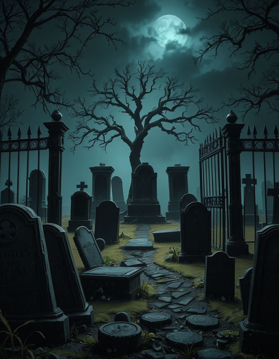 A dark and eerie cemetery shrouded in mist, with ancient, weathered tombstones covered in moss. The scene is dimly lit by a pale, ghostly moonlight filtering through twisted, leafless trees. Cracked stone pathways lead through the graveyard, partially hidden by overgrown grass and creeping ivy. A few old, gothic-style mausoleums stand in the background, their iron gates slightly ajar, adding to the mysterious and haunting atmosphere. Wisps of fog swirl around the gravestones, enhancing the eerie mood. The overall color palette consists of deep blues, grays, and muted greens, creating a cold and unsettling ambiance. The image is highly detailed and photorealistic, capturing the textures of the aged stone, the fogâs movement, and the ominous shadows stretching across the ground. 
<lora:SDXLFaeTastic2400:0.4> <lora:extremely_detailed:0.4> extremely detailed,<lora:33r13_c3m3t3ry-ill:1>,33r13 c3m3t3ry, Masterpiece,best quality,hi res,8k,hi res,8k,award winning,(sharp focus, intricate, highly detailed),