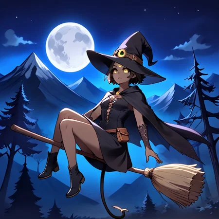 masterpiece, best quality, amazing quality, intricate details, te'kharoth, third eye, tail, yellow eyes, very dark skin, dark-skinned female, witch, witch hat, broom, floating, riding witch's broom, night, full moon, magic, fantasy, tree, mountain,