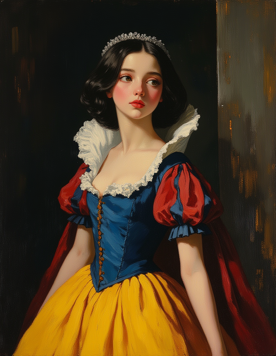 oil painting of a teen Snow White who is wearing her classic yellow, blue, and red princess dress. Snow White has pale skin, petite body, black hair, red lips, and is wearing Victorian dress that is corseted, hooped, and bustled. She is wears a silver circlet on her head. She tries to remain prim and proper, although she's blushing embarrassed. top light, masterful painting, oil on canvas, Focus on the Snow White, shadow and light, Masterpiece, intricate lines, intriguing atmosphere, sharp magnificent details, delicate features, elaborate details, (2\3 rule composition:0.5), ultra detailed, romantic, Rembrandt lighting, brush stroke, lovely, del1cate_balance style, novuschroma, in the style of Rembrandt. vantablack <lora:style_of_Rembrandt_FLUX_135:.8> <lora:- Flux1 - vanta_black_V2.0:.3> <lora:Delicate_Balance:.3> <lora:113_novuschromaFLX_1:.4> <lora:neeeg_f1:-1> <lora:Midjourney_Whisper_Minimal:.4>
