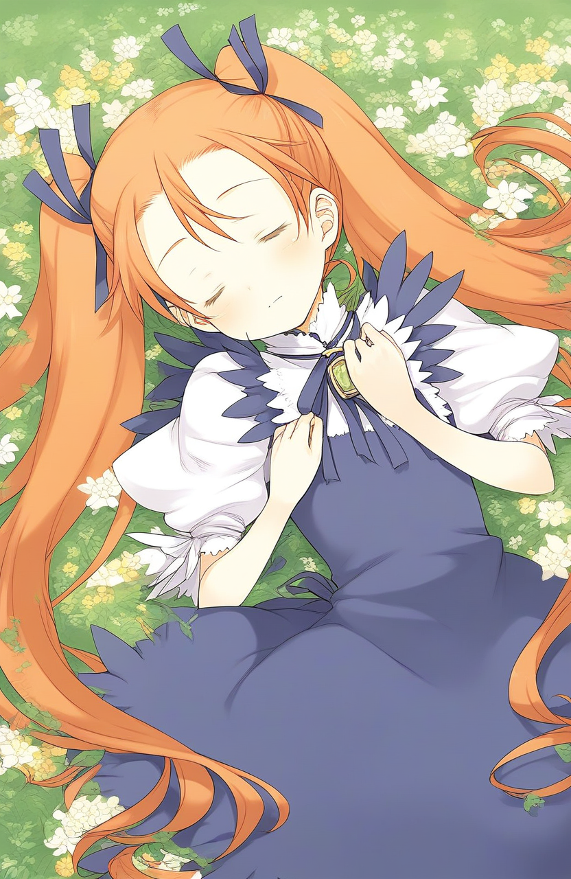 score_9, score_8_up, score_7_up, source_anime, rating_explicit, BREAK  <lora:Aliese_Martini_Ver2.0_XL:1> aliese_martini,
1girl, solo, flower, twintails, dress, long hair, closed eyes, hair ornament, lying, orange hair, very long hair, ribbon, hair ribbon,