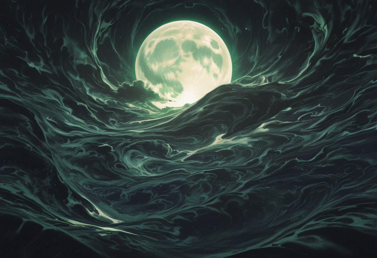 HDR, 8K, high contrast, masterpiece, best quality, amazing quality, very aesthetic, high contrast vivid white green multicolored multiple colors clouds sky surreal liquid_marbling_background, abstract, surreal wide shot lineart (small full moon:1)  dutch angle
