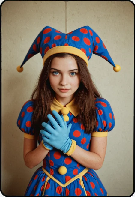 analog film photo <lora:Coll-PomniXL:1> 1girl, blue eyes, blue gloves, coll-pomni, gloves, hat, jester cap, long hair, looking at viewer, puffy short sleeves, puffy sleeves, solo . faded film, desaturated, 35mm photo, grainy, vignette, vintage, Kodachrome, Lomography, stained, highly detailed, found footage