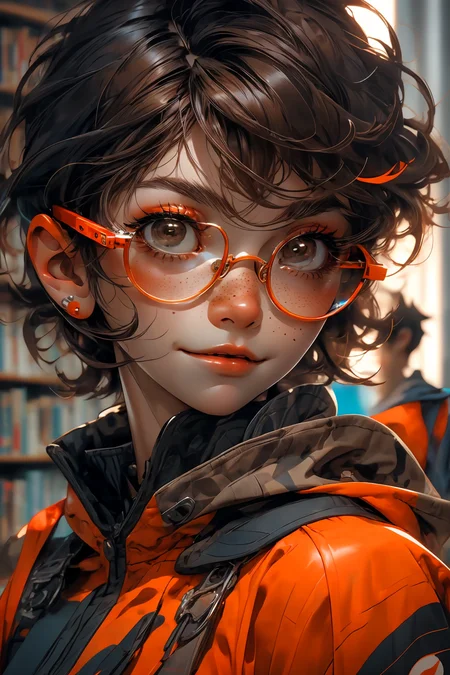 closeup, face, portrait, upper body, 
freckles, 
shy, blush, 
(short brown hair:1.1), 
(library:1.1), 
(round glasses:1.2), 
(brown eyes:1.4), 
<lora:more_details:0.4>
 <lora:Cosmic anime-oil fusion v2:0.45> 
<lora:AnimeVibesV3:0.3> animevibes, 
<lora:3DMM_V11:0.5> 3DMM 
<lora:midjourney_20230624181825:0.7> midjourney ,
 <lora:LAS:0.2> cloud,colorful,
<lora:msw_locon-t2:0.6>
 <lora:wuxia2:0.6> gu,
 <lora:CyberpunkStyleV1:0.2> PunkAI, shiny, shiny hair, shiny skin, shiny clothes