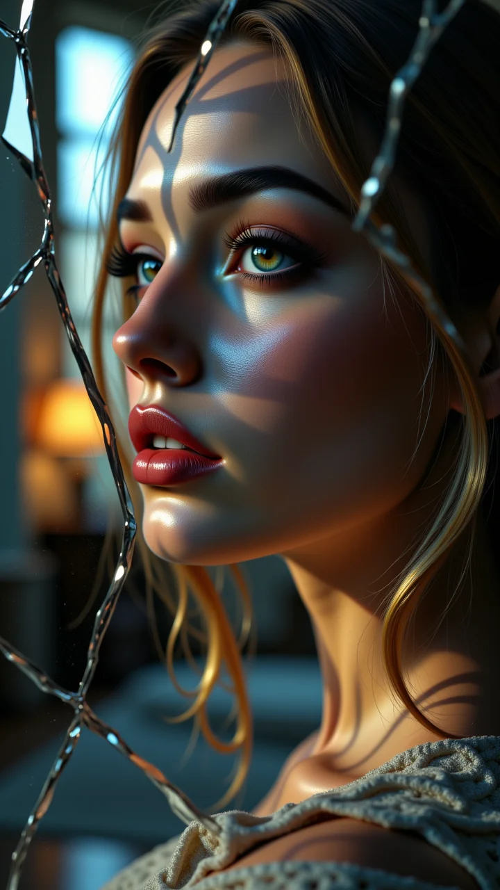 Jeddtlv3, A close-up of a woman's face fragmented across a broken mirror, each shard reflecting a different partâher eye, lips, and cheek. The lighting is soft and moody, casting a dreamy atmosphere with a mix of warm and cool tones. The background is blurred, with hints of a dimly lit room,<lora:Flux_Detailer_v3-000007:1> ,