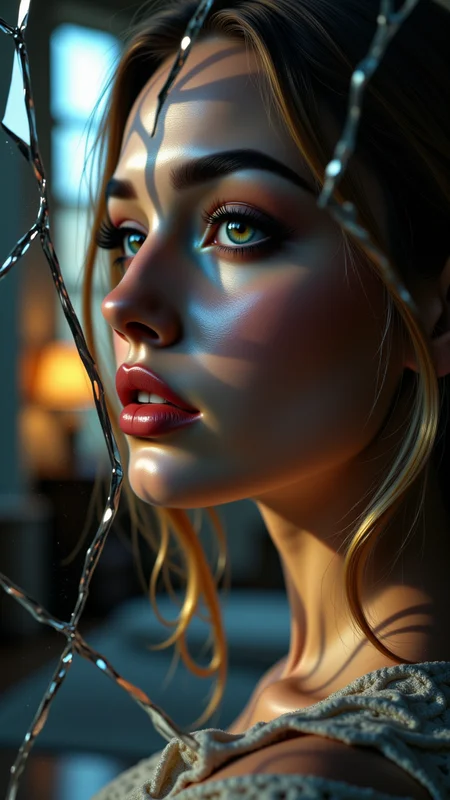 Jeddtlv3, A close-up of a woman's face fragmented across a broken mirror, each shard reflecting a different partâher eye, lips, and cheek. The lighting is soft and moody, casting a dreamy atmosphere with a mix of warm and cool tones. The background is blurred, with hints of a dimly lit room,<lora:Flux_Detailer_v3-000007:1> ,