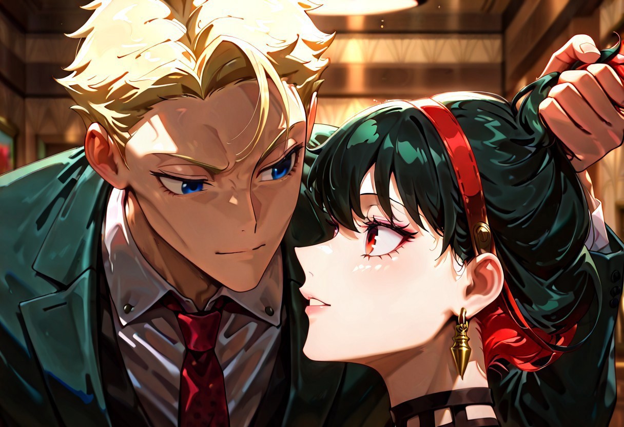 masterpiece, best quality, newest, absurdres, highres, anime, anime style, NanamiHairPull-IL, hair pull, 1boy, hair pull, pulling hair, grabbing another's hair, loid_forger, blonde, blue eyes, suit 1girl, pulled hair, grabbed hair, red hair, yor_briar, spy_x_family, black_hair, red_eyes, black dress