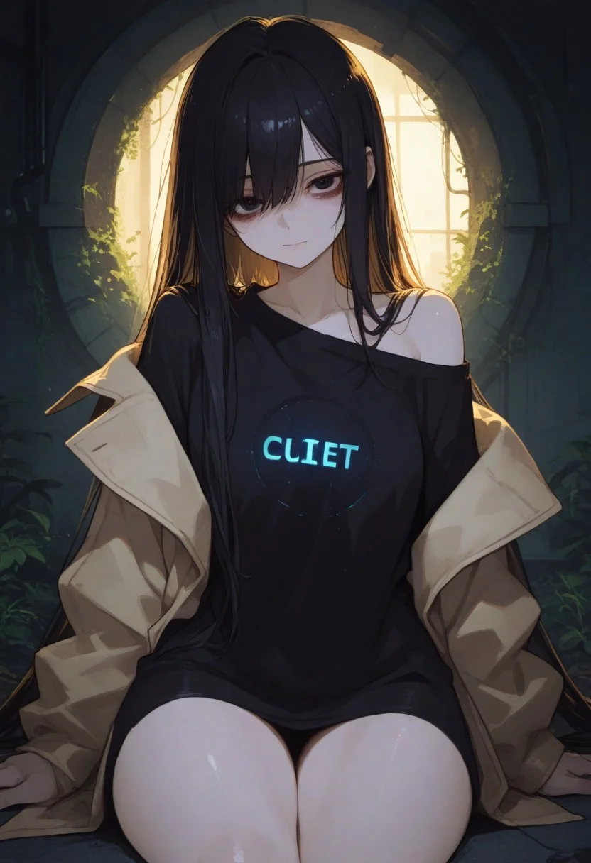 masterpiece, best quality, amazing quality, very aesthetic, absurdres, newest, holographic colors, cute, gradient colors, very aesthetic, volumetric lighting, ambient occlusion, intricate cinematic background, (beautiful detailed face), (melancholic yet alluring gaze, quiet and reserved presence), anime_face, BREAK highly detailed, solo, beautiful eyes, big eyes, (dark eyes), detailed eyes, perfect eyes, detailed pupils, perfect body, closed mouth, (subtle, awkward expression), 1girl, BREAK very long black hair, messy, uneven strands, overgrown bangs partially covering eyes, slight tangles, fair skin (not pale), dark circles under eyes, slightly slouched posture, plain oversized jacket, no patterns, simple fabric texture, slipping off shoulder, subtle curves, wide hips, full thighs, BREAK portrait, face focus, dimly lit apartment, soft clutter in background, warm lighting, nighttime setting, looking_at_viewer, cinematic lighting,