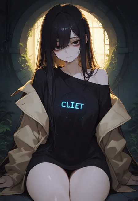 masterpiece, best quality, amazing quality, very aesthetic, absurdres, newest, holographic colors, cute, gradient colors, very aesthetic, volumetric lighting, ambient occlusion, intricate cinematic background, (beautiful detailed face), (melancholic yet alluring gaze, quiet and reserved presence), anime_face, BREAK highly detailed, solo, beautiful eyes, big eyes, (dark eyes), detailed eyes, perfect eyes, detailed pupils, perfect body, closed mouth, (subtle, awkward expression), 1girl, BREAK very long black hair, messy, uneven strands, overgrown bangs partially covering eyes, slight tangles, fair skin (not pale), dark circles under eyes, slightly slouched posture, plain oversized jacket, no patterns, simple fabric texture, slipping off shoulder, subtle curves, wide hips, full thighs, BREAK portrait, face focus, dimly lit apartment, soft clutter in background, warm lighting, nighttime setting, looking_at_viewer, cinematic lighting,