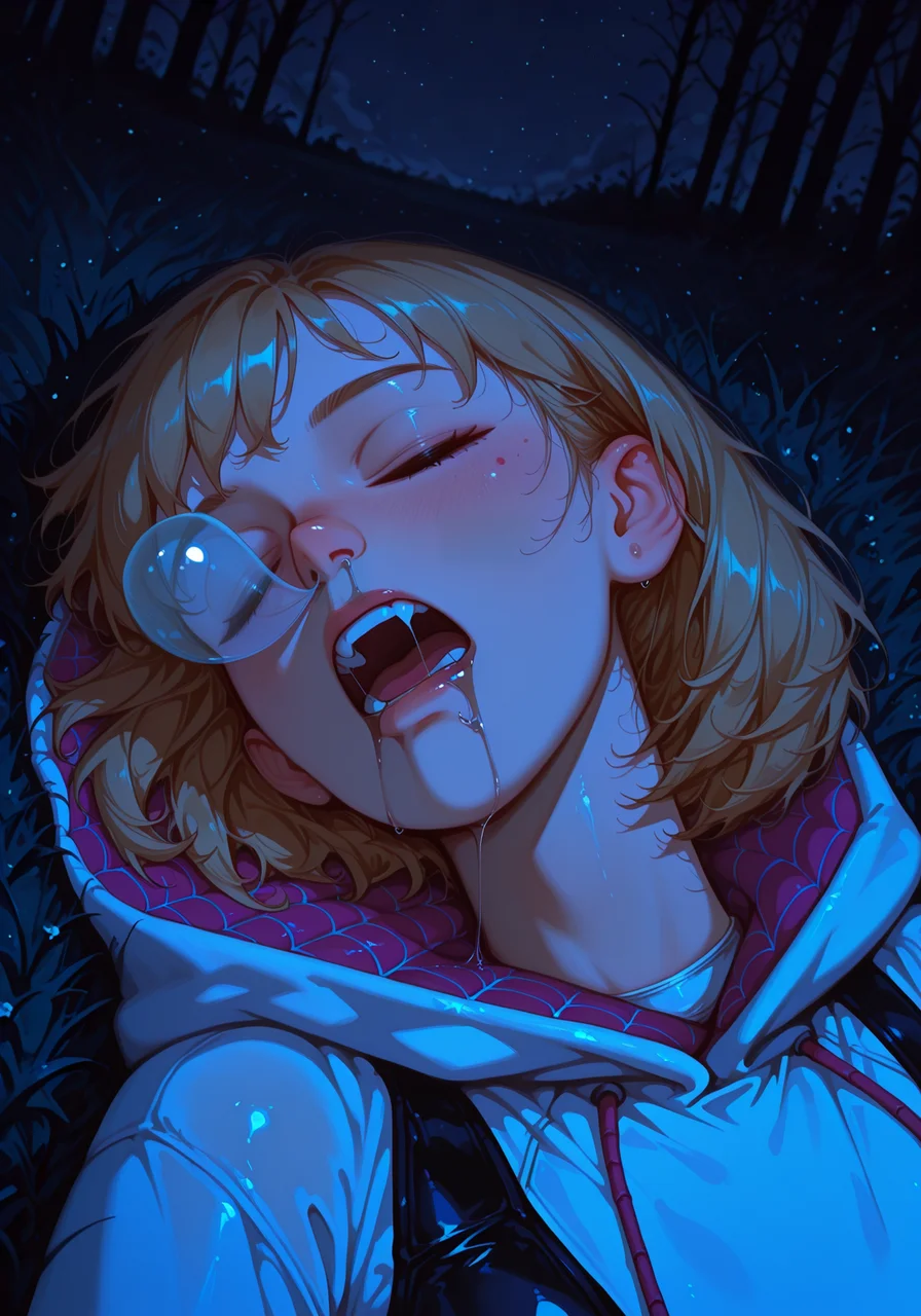 embedding:IllusP0s, artist: moriimee, nose bubble, sleeping, drooling, 1girl, gwen stacy_\(spiderman\), night, solo<lora:MoriiMee_Gothic_Niji_Style_Illustrious_r1.safetensors:1.0:1.0> <lora:nose_bubble_ill.safetensors:1:1>