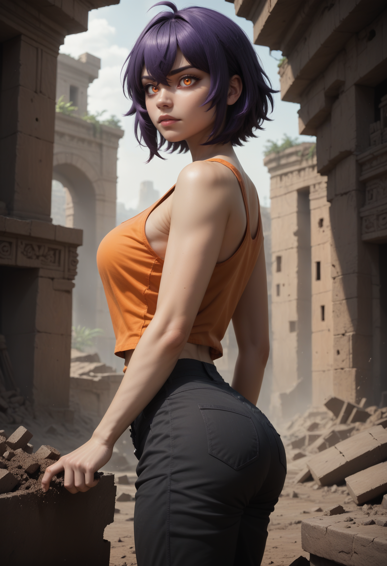 score_9, score_8_up, score_7_up,
1girl, solo, orange tank top, black cargo pants, lowleg pants, ancient ruins, dig site, digging, from side,
 <lora:Dark_Amethyst_Pony_v0.1:0.5> d4rk4m3thyst, orange eyes, purple crossed bangs,