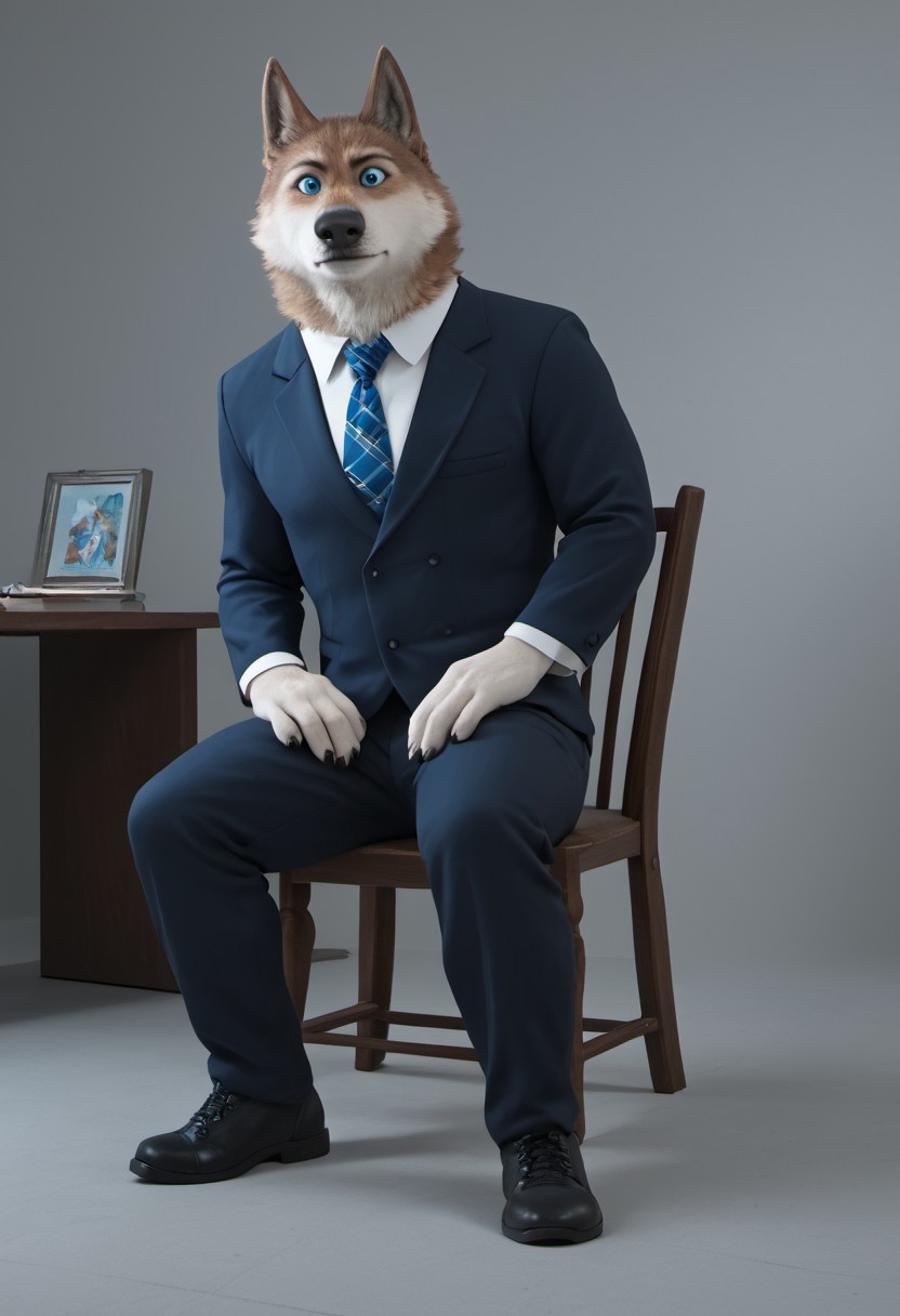 core_9, Score_8_up, Score_7_up, Score_6_up, Score_5_up, Score_4_up, detailed fur, detailed face, Larry, Wolf, Timberwolf, ice blue eyes, dark brown fur, Larry, big chin, anthropowolf, solo, in clothes, next to him, nice abs, muscles, blazer, tie shirt, long pants,black shoes, laughter, good mood, sitting, presenter, news, channel news service of Russia studio 1