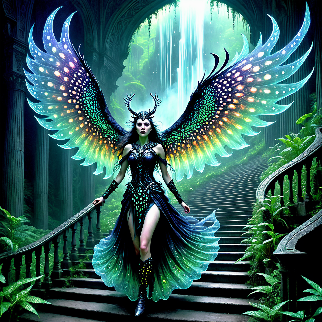 a magnificent scared valkyrie running in a grand staircase, very detailed, intricate, dw01-3400, rainforest colour palette