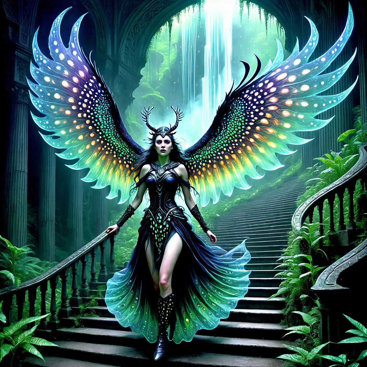 a magnificent scared valkyrie running in a grand staircase, very detailed, intricate, dw01-3400, rainforest colour palette