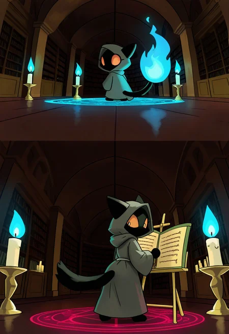 masterpiece, best quality, perfect anatomy, very aesthetic, ozoneserpent, cat, black fur, grey robe, hood, no mouth, orange sclera, music stand, scroll, magic circle, panicking, tremor, candle, blue fire, library, dark, from behind, looking back, scenery