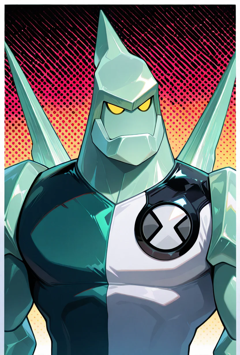 <lora:diamondhead-06:1> diamondhead, robot, yellow eyes, solo, 1boy, no humans, pokemon (creature), armor, spikes, yellow sclera, green skin, upper body, halftone effect, white borders, abstract background:1.2,, masterpiece, best quality, amazing quality, very aesthetic, absurdres, newest,
