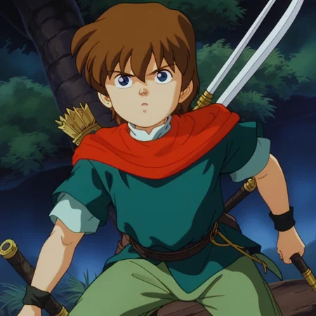 weapon, 1boy, solo, Robin Hood, blue eyes, white collar, red scarf, dark green shirt, light green pants, brown hair