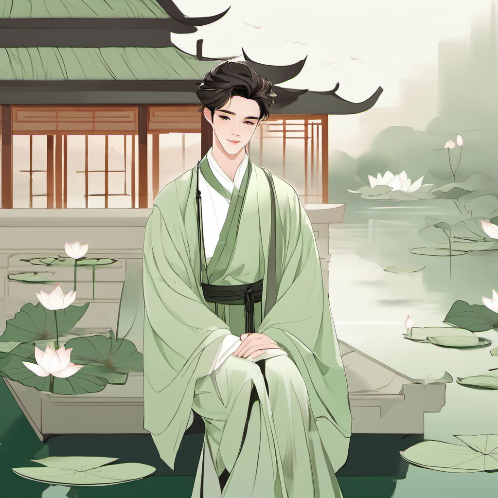 1boy, handsome, minimalismï¼ chinese hanfu, lotus, lake, chinese architecture, <lora:minimalism:1>