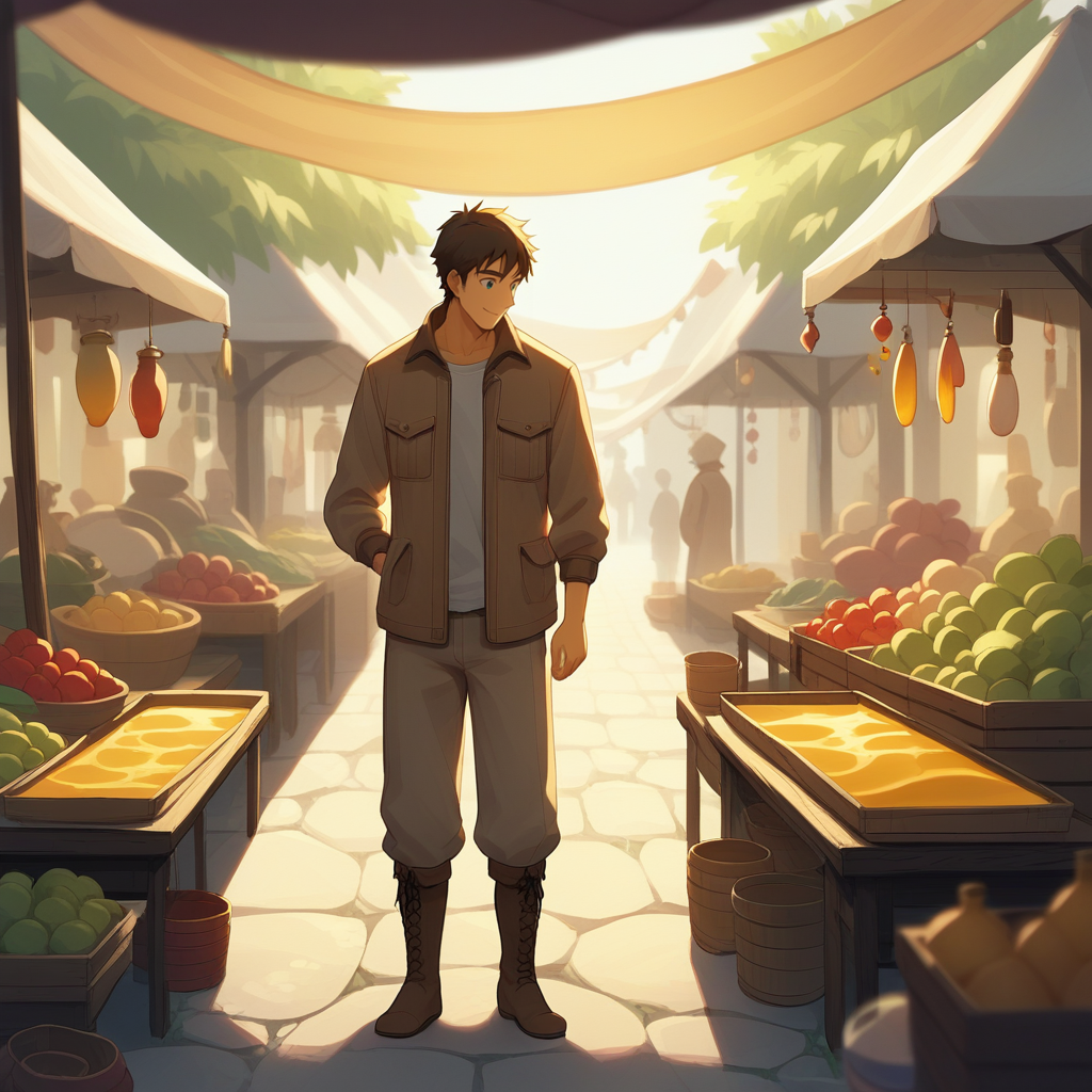 score_9, score_8_up, score_7_up, score_6_up, score_5_up, score_4_up, zPDXL2,source_anime,rating_questionable,cowboy shot,1boy,smile, jacket, boots,  <lora:Produce_Market:0.8> m4rket, outdoors, morning, jars, honey, candles, artisan goods, cheese, market stalls