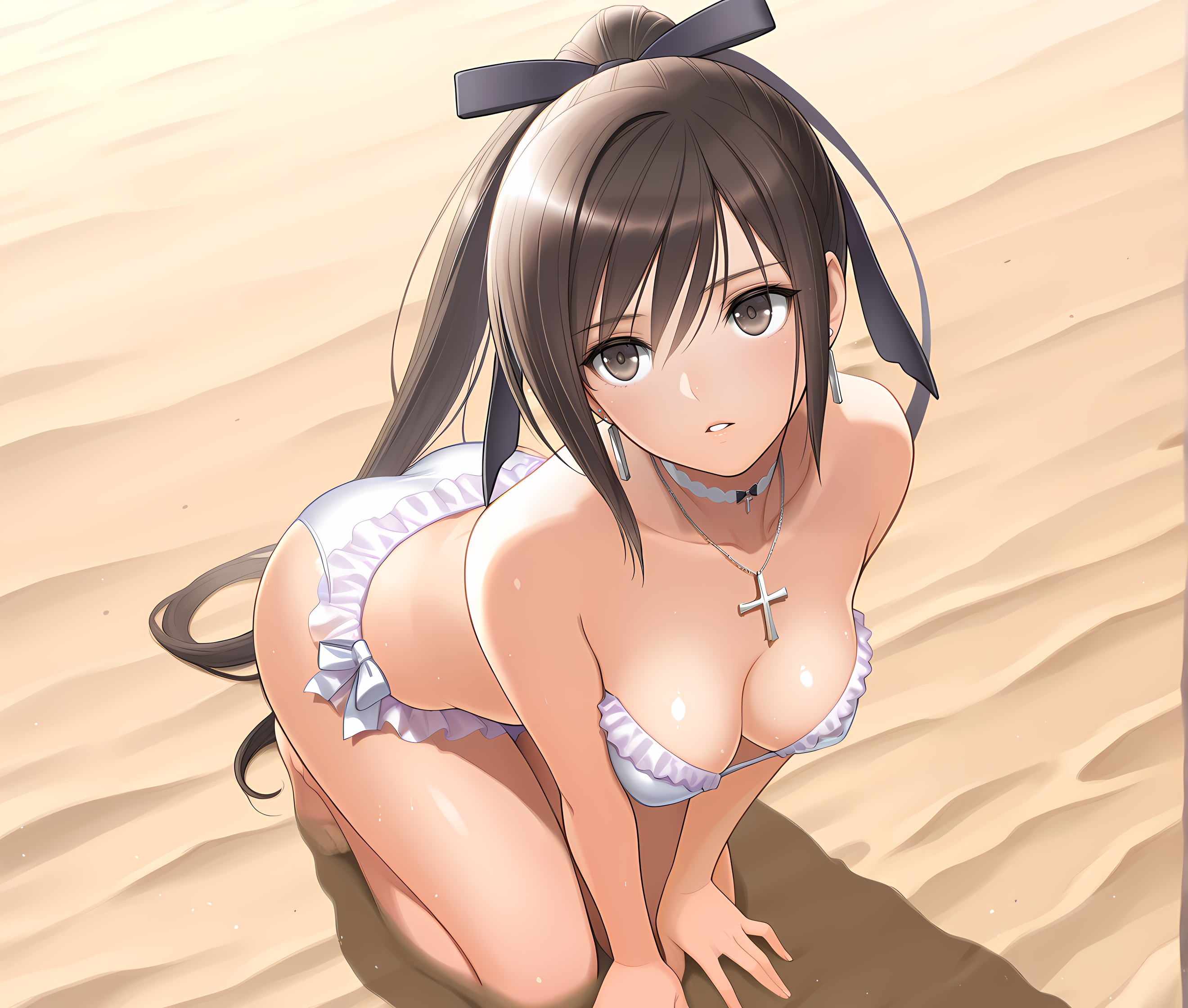 <lora:Maxima:1>,maxima,solo,brown hair,long hair,breasts,brown eyes,ponytail,hair ribbon,medium breasts,kneeling,outdoors,sand,bikini outfit,cross necklace,choker,parted lips,, masterpiece,best quality,amazing quality, very aesthetic, absurdres,detailed eyes,ultra-detailed,