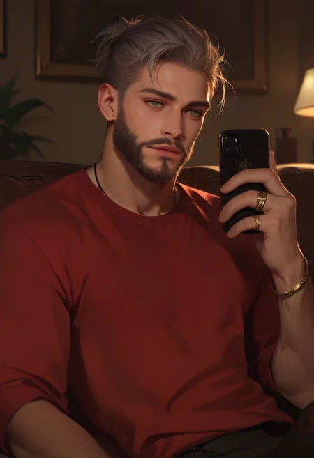 score_9, score_8_up, score_7_up, score_6_up, muses_in_dark, 1boy, male focus, phone, facial hair, solo, shirt, holding phone, jewelry, red shirt, holding, talking on phone, beard, bracelet, green eyes, cellphone, grey hair, dark theme, low light, inconsistent lighting, realistic, best quality, high resolution, realistic.