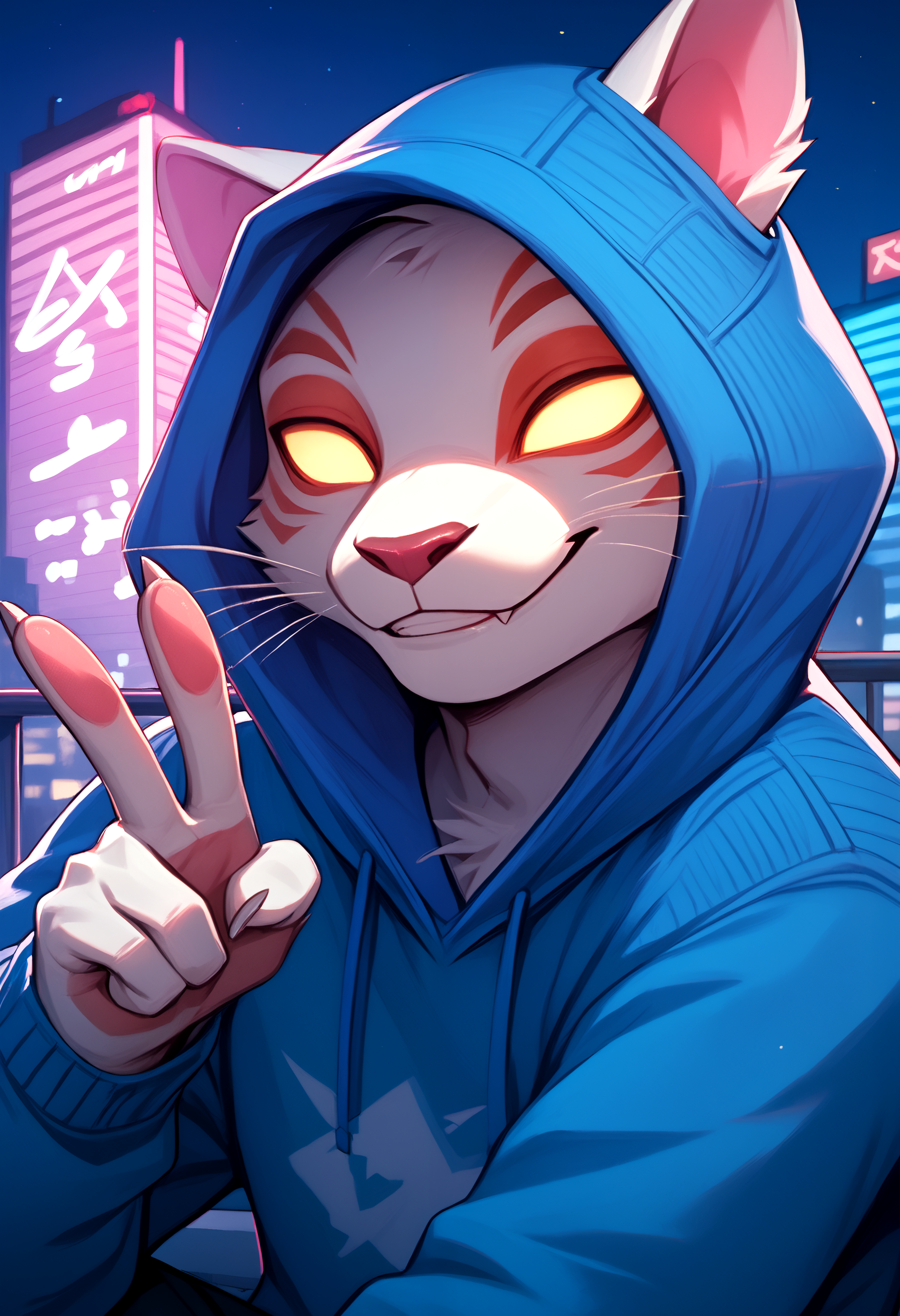 score_9, score_8_up, score_7_up, 1boy, solo,  <lora:NyanjaPony-000003>, nyanja, white fur, blue hooded sweater, no pupils, close up, v, smile, close up, side angle,  city, night, sitting, relaxing, neon lights, city lights,