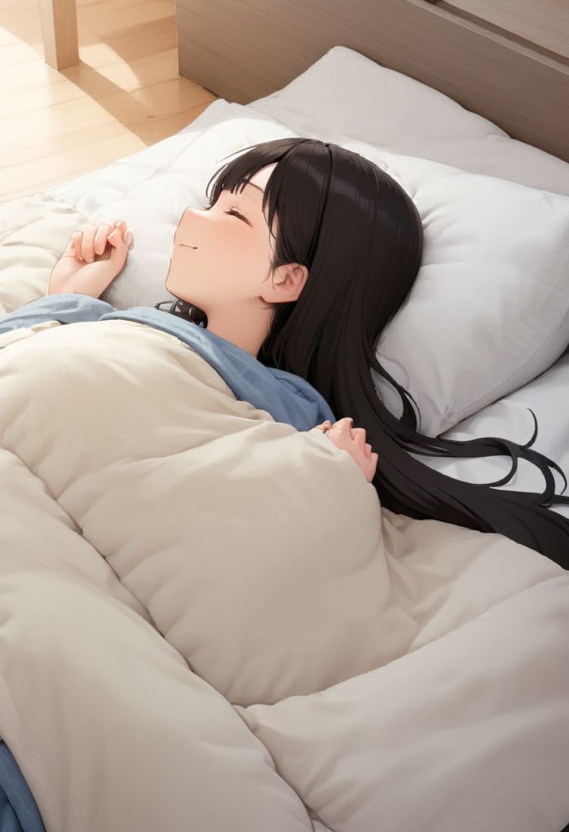1girl, black hair, long hair, happy, light smile, 
futon, pillow, closed eyes, bed, sleeping, lying, under covers, blanket, 
masterpiece, best quality, ultra-detailed, illustration,
<lora:kakebuton_SDXL_V1:0.8>