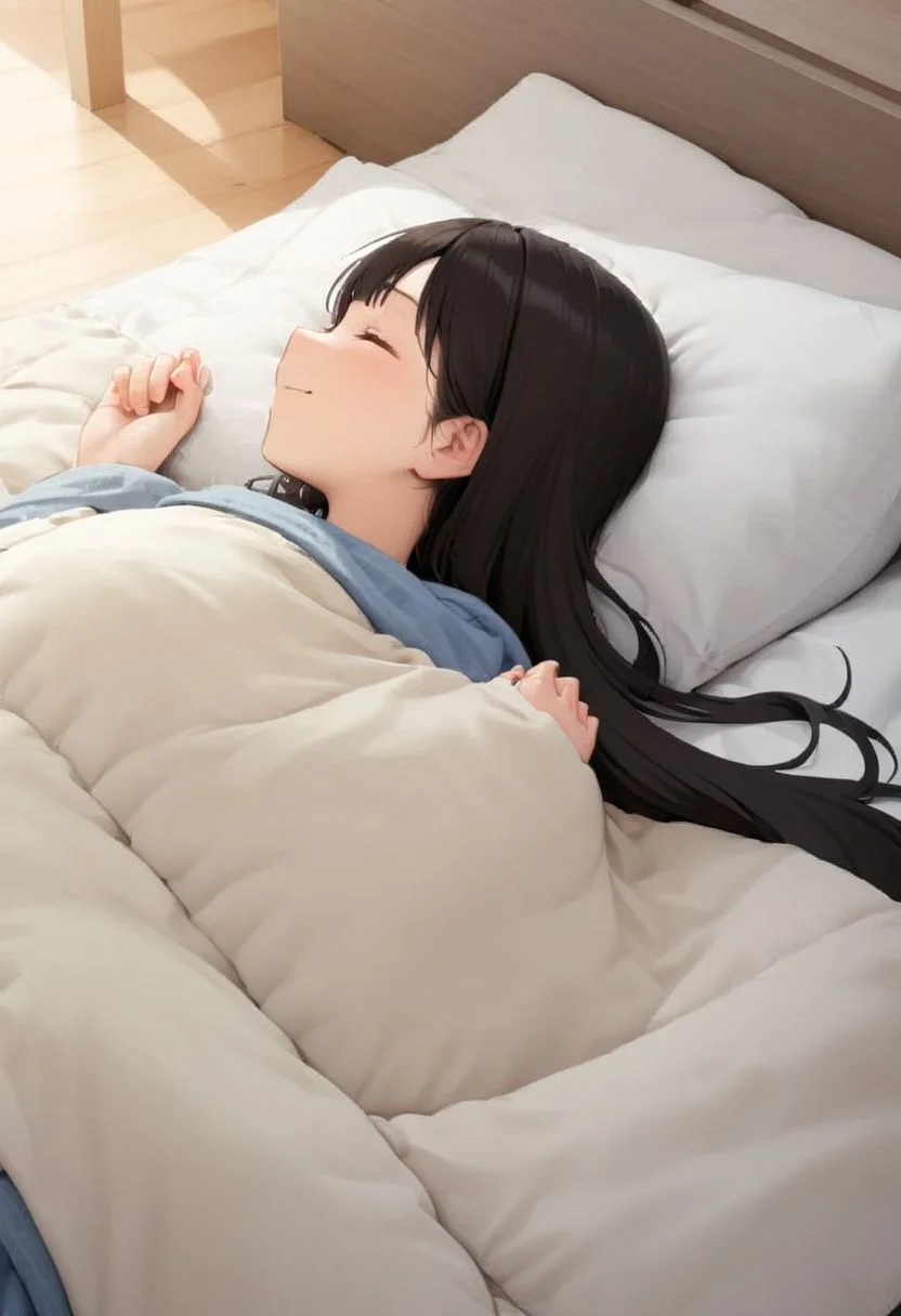 1girl, black hair, long hair, happy, light smile,
futon, pillow, closed eyes, bed, sleeping, lying, under covers, blanket,
masterpiece, best quality, ultra-detailed, illustration,
<lora:kakebuton_SDXL_V1:0.8>