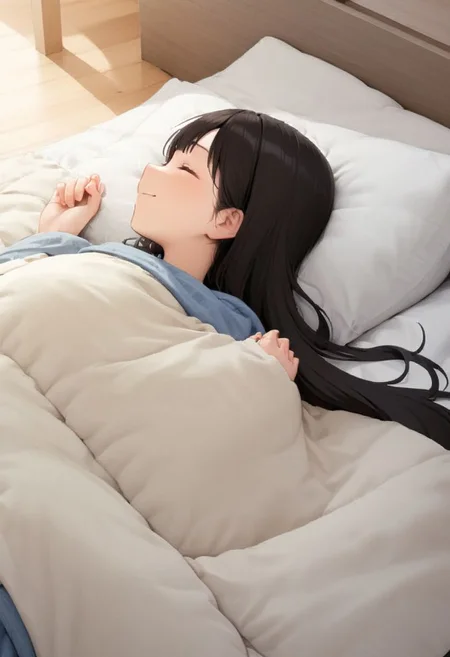 1girl, black hair, long hair, happy, light smile,
futon, pillow, closed eyes, bed, sleeping, lying, under covers, blanket,
masterpiece, best quality, ultra-detailed, illustration,
<lora:kakebuton_SDXL_V1:0.8>