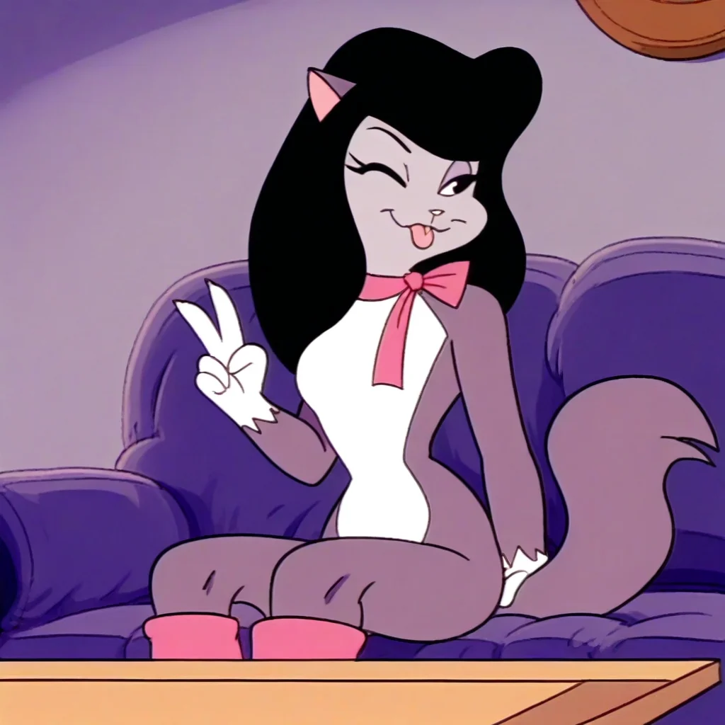 score_9, solo, roxie_h, 1girl, furry female, long hair, black hair, cat ears, animal nose, tail, neck ribbon, one eye closed, tongue, v, sitting, sofa