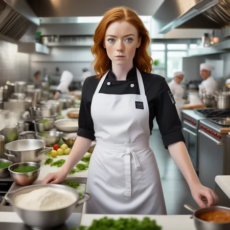 <lora:sophie-molgrin_xl:0.75> sophie-molgrin as a skilled chef in a bustling kitchen. Sheâs wearing a professional chefâs uniform with a crisp white apron, busy preparing a gourmet dish. Her face is focused and determined, with kitchen appliances and ingredients in the background.