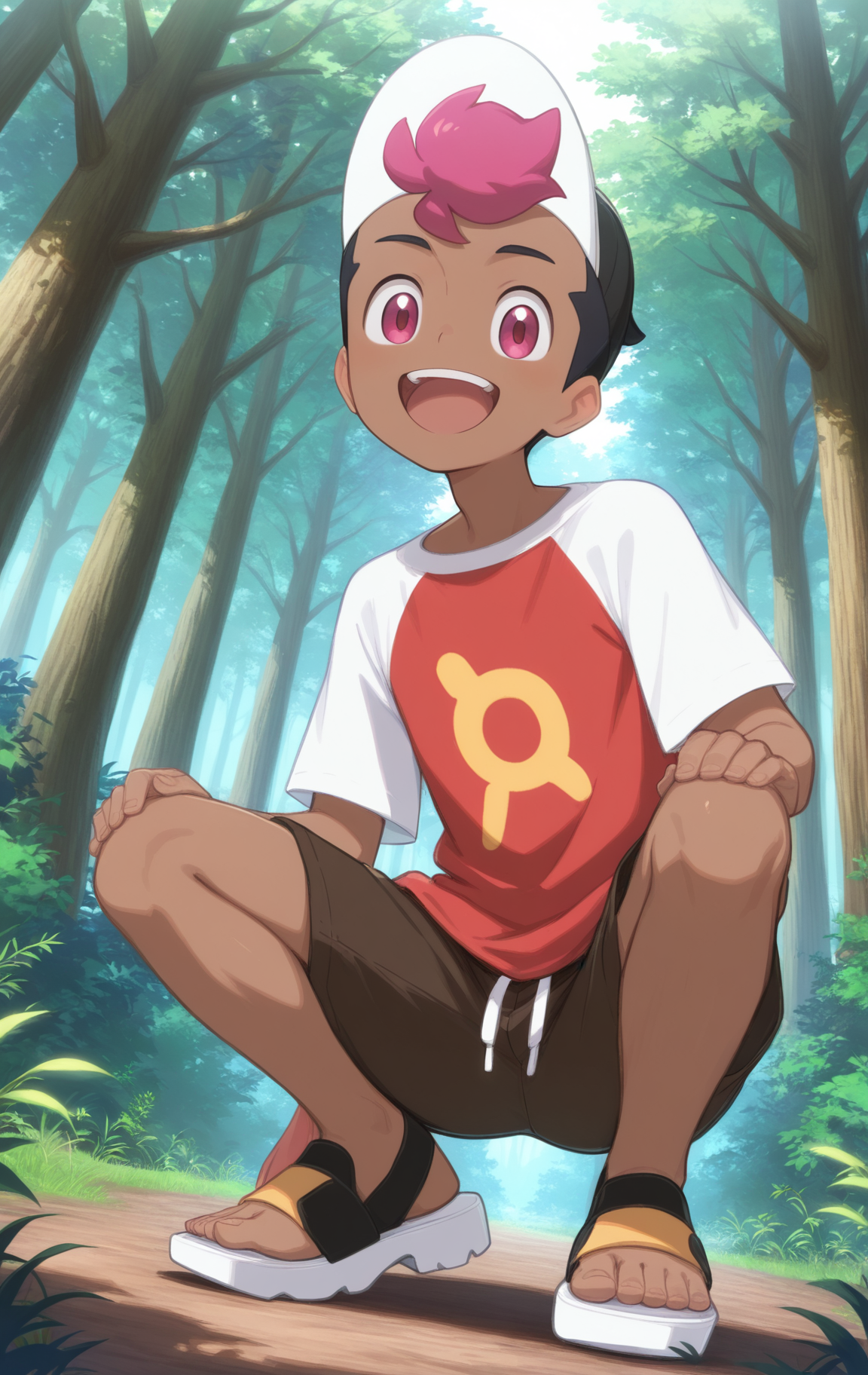 dynamic angle, highres, masterpiece, best quality, amazing quality, absurdres, 1boy, solo, <lora:roy_ILXL:1> roy, black hair, pink hair, short hair, two-tone hair, dark skin, pink eyes, red shirt with white sleeves, short sleeves, happy, smiling, full body, brown shorts, looking at viewer, black and white baseball cap, sandals, crouching, dense forest, green trees,