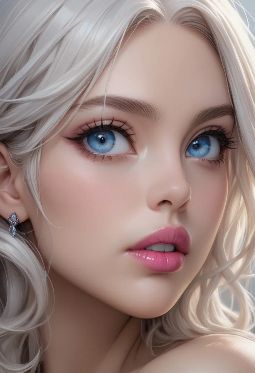 best quality, masterpiece, highly detailed, ultra-detailed, close up of woman face, pretty face, strong jaw line, 1girl, white hair, pink lipstick, blue eyes